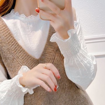 花邊立領蕾絲打底衫女春秋款喇叭袖襯衫漂亮洋氣小衫內搭雪紡上衣
