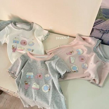 mori🎀mori夏季木耳邊童裝純棉女童拼色卡通印花甜美公主風短袖T恤