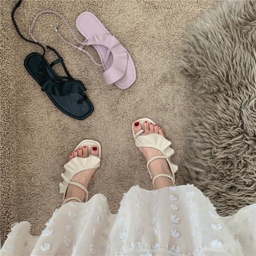 法式小仙女荷葉邊瑪麗珍鞋2022年春夏新款平底鞋涼鞋女鞋子夏款