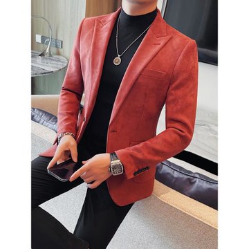 麂皮絨西裝外套男秋冬季2024新款商務休閑高級感時尚簡約西服上衣