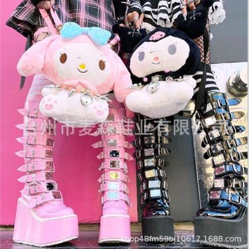 Demonia 扣帶厚底靴2023新款哥特式坡跟高筒靴女朋克風辣妹騎士靴