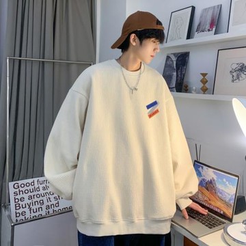 華夫格圓領衛衣男oversize大碼潮牌套頭上衣春秋新款男生帥氣衣服