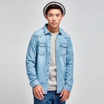 【ERSS】男裝 牛仔襯衫 牛仔上衣 長袖上衣 長袖襯衫 經典 水洗 刷白 刺繡 淺藍【K30003】