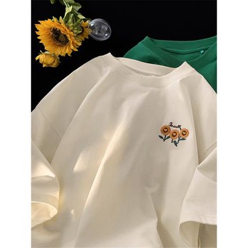 短袖t恤男夏季潮牌向日葵刺繡寬松上衣服潮流ins簡約百搭半袖體恤