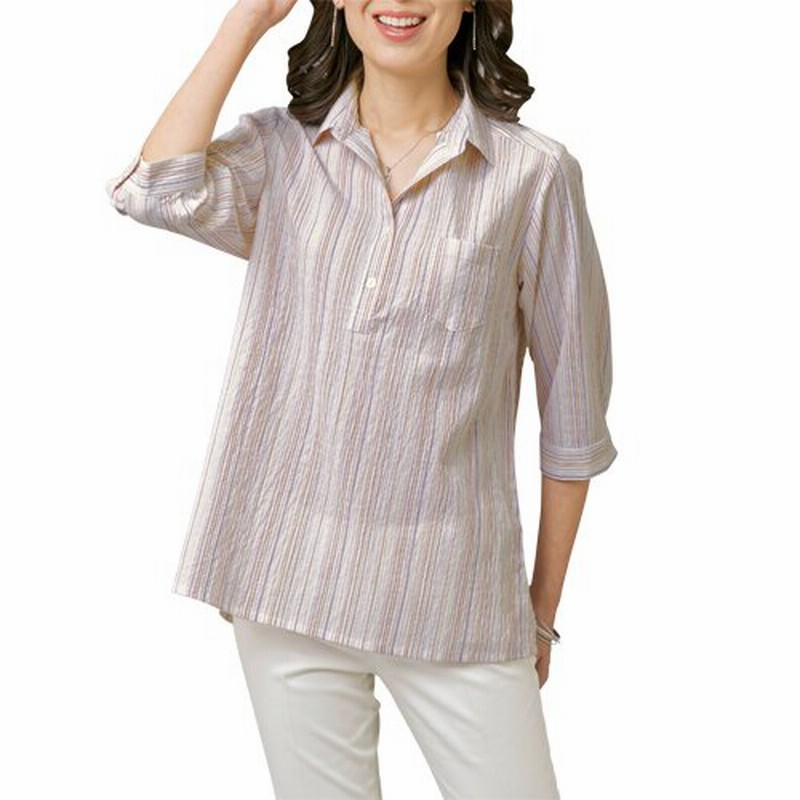 春夏 爽やか ストライプシャツ 同サイズ3色組 カジュアルシャツ 5分袖シャツ レディース 婦人服 ミセス シニア 女性 グレー系 パープル系 赤系 P 通販 Lineポイント最大0 5 Get Lineショッピング