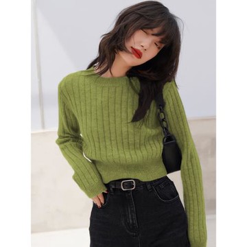 短款毛衣女秋冬新款法式復古內搭針織衫氣質高腰牛油果綠上衣外穿