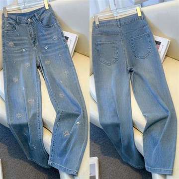 【米蘭精品】現貨+預購 高腰牛仔長褲寬褲直筒褲落地褲闊腿褲寬管褲大碼休閒女裝-中式刺繡女褲子74mg53