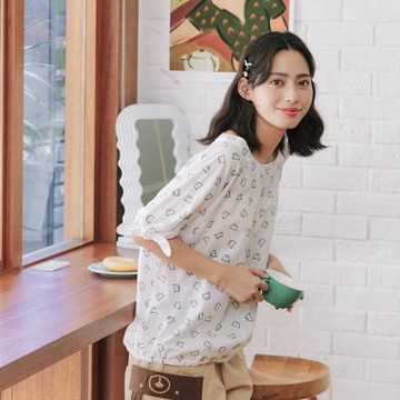 【Dailo】翹鬍子貓袖口綁結上衣 藍 白 紫