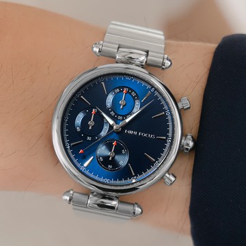 MINIFOCUS摩登愛情真三眼金屬鍊帶手錶【WMF0494】-藍面銀帶