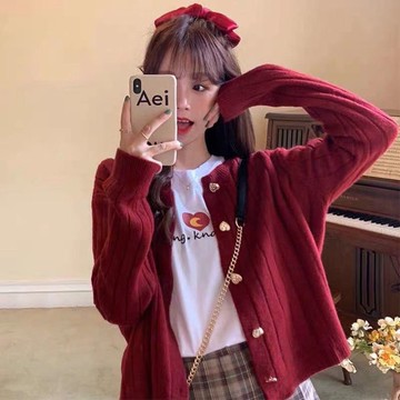 紅色甜美小款針織開衫女短款2021春秋新款韓版寬松顯瘦毛衣外套薄