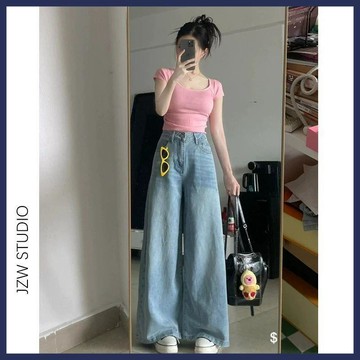 WYZ淺藍闊腿牛仔褲女2026春秋薄款小個子高腰寬鬆顯瘦垂感直筒拖地褲