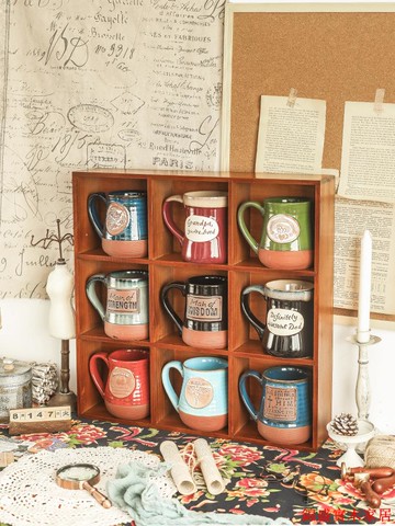 桌面收納盒 收納櫃 木質收納盒化妝品置物架木質桌面收納盒復古九宮格桌上杯子膠帶盲盒柜zakka