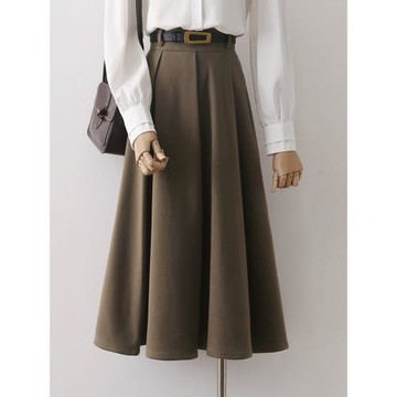 2024秋冬咖啡色毛呢百褶半身裙女百搭高腰職業通勤中長款大擺裙