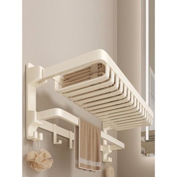 浴巾架衛生間免打孔浴室架子一體掛件廁所置物架太空鋁毛巾架奶白