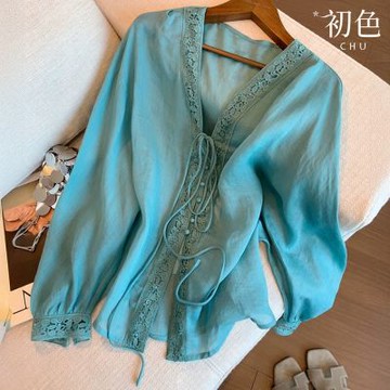 初色 氣質純色綁帶V領長袖蕾絲襯衫上衣女上衣-藍色-14880(M-2XL可選)
