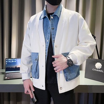 假兩件翻領夾克男潮牌撞色褂子男裝寬松上衣服2023春秋美式季外套