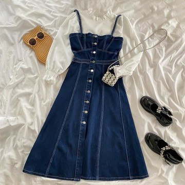 牛仔連衣裙兩件套裝女2024年春夏新款法式復古百搭小眾吊帶裙子潮