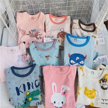 90-100碼A類小貝心95%棉彈力純棉卡通男女童家居服秋衣褲寶寶睡衣