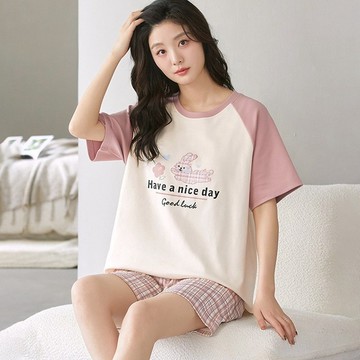 Pink Lady 罩杯式 純棉 短袖成套睡衣 花樣小兔 兩件式 居家服