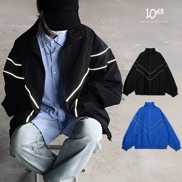 『1068』反光 線條 拼接 解構 Y2K 運動 風衣 外套 UNISEX 男女 長袖 寬鬆 防風 外套【A91257】