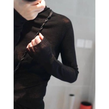 秋冬微透薄款堆堆領精紡羊毛衫女緊身短款內搭高領針織打底衫毛衣