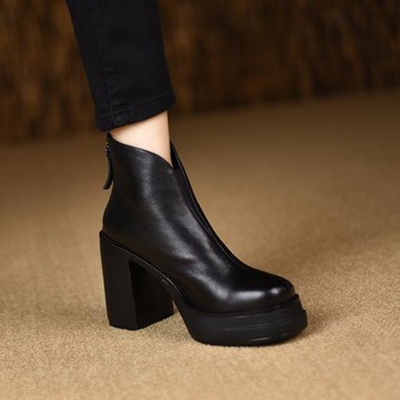 復古百搭V口高跟粗跟防水臺圓頭厚底10cm及踝靴短靴后拉鏈女靴子