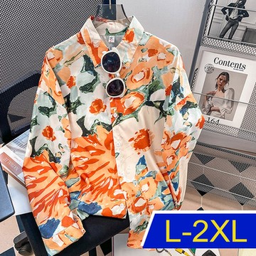 [韓國K.W.]法式滿版印花加碼加碼品味襯衫上衣外套(防曬/長袖襯衫/長袖上衣/薄外套)