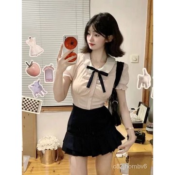 2025年夏天女裝 百褶裙兩件套百搭女洋氣套裝拚接甜美蝴蝶結短袖 韓國女裝 學生裝小個子襯衫夏季粉色 千金裝 高級感女裝