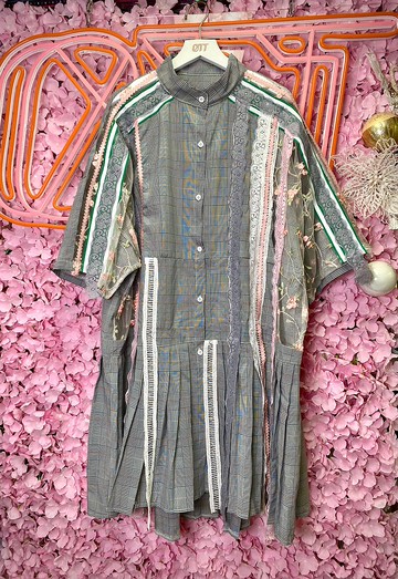 OTT獨一無二•Unique日系淺灰色格仔拼撞色粉系細節恤衫連衣裙