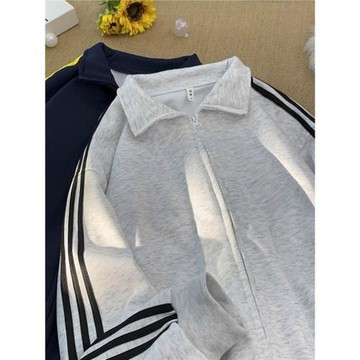 春秋三杠拉鏈開衫衛衣男翻領休閑潮牌運動青少年學生百搭潮流外套