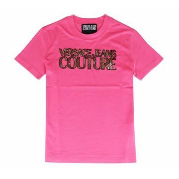 VERSACE JEANS 純綿內布標白字LOGO亮片字母設計短袖T恤(女款/粉)