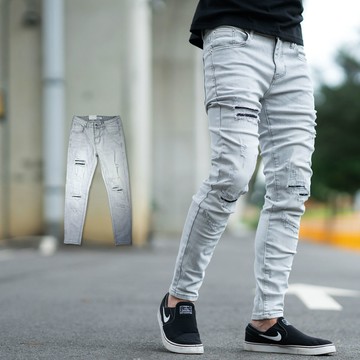 【NB2089J】男生刷破牛仔褲 淺灰刷色黑色補釘牛仔褲 合身彈性牛仔長褲(MW6109)