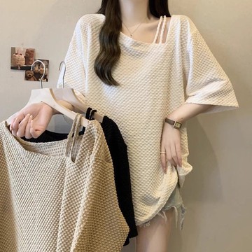 大尺碼女裝 慵懶風短袖T 不規則露肩T 小眾設計感上衣 夏季新款韓版女裝 oversize上衣 100kg適穿