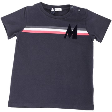 MONCLER MAGLIA 童裝 M字母條紋單肩開扣設計深藍色短袖TEE T恤
