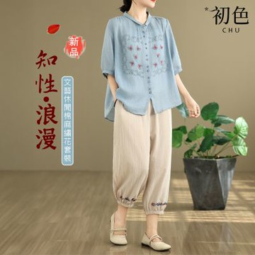 初色 文藝風蝴蝶刺繡翻領五分袖襯衫女上衣+花邊繡花寬褲長褲套裝-共2色-14927(L-3XL可選)