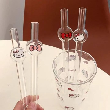 Kitty吸管🎀 凱蒂貓異形玻璃吸管高顔值設計感可愛耐高溫非一次性喝水 造型吸管 可愛吸管