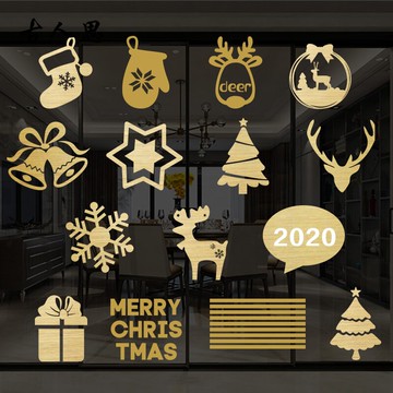 圣誕節玻璃貼紙金色門店裝飾節日布置櫥窗貼畫窗花窗戶墻貼1入