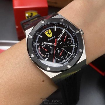 FERRARI 法拉利男女通用錶 42mm 銀六角形精鋼錶殼 黑色三眼, 中三針顯示, 運動錶面款 FE00043