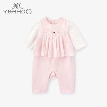英氏童裝女寶寶春秋梭織連體衣假兩件可愛哈衣爬服 YRHAJ10012A01