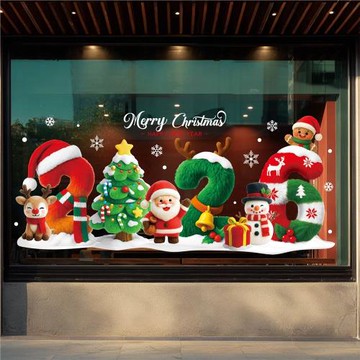 夢幻2026圣誕節裝飾雪人玻璃貼紙商場玻璃門貼創意圣誕老人靜電貼