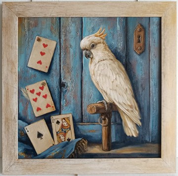 鳳頭鸚鵡油畫 復古鳥類藝術 紋理畫布藝術作品 40x40 公分
