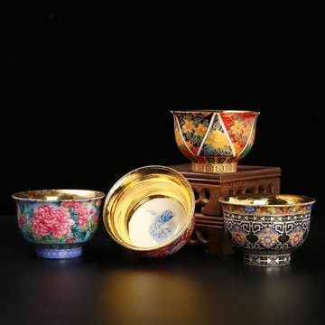 24K純金茶杯中式宮廷風琺瑯彩鎏金杯年年有余金盞主人杯個人單杯