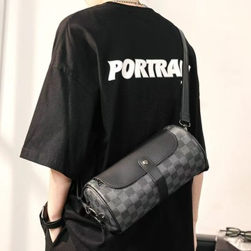 斜挎包男女格子圓筒包男女包休閒男女小挎包包桶包機車