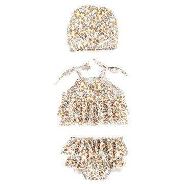 愛北鼻 ins女童泳衣 小橘子 吊帶分體泳衣+泳褲+泳帽 110碼 建議100-110cm  白色 + 橘色 + 綠色  1入