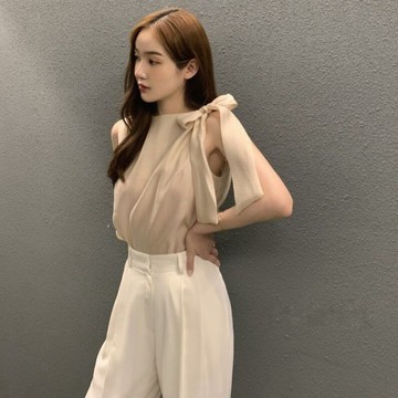 【桃喜Rich女裝】3色可選 韓國chic夏季新款甜美蝴蝶結繫帶無袖襯衫上衣 百搭修身上衣 氣質女裝