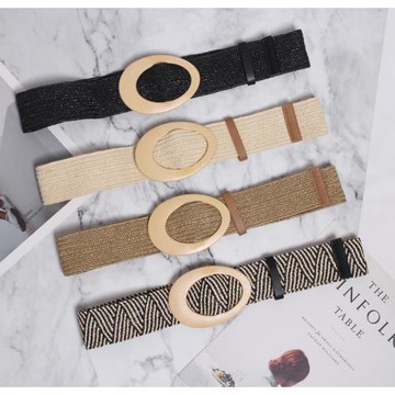 夏季海邊度假草編腰帶女彈力松緊裝飾配連衣裙子襯衫腰封外搭束腰