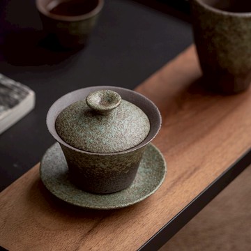 粗陶三才蓋碗單個不燙手復古窯變綠陶瓷功夫茶具家用小泡茶碗帶蓋