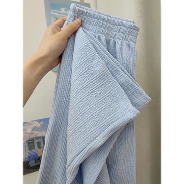 藍色雪尼爾闊腿褲女秋季冬高腰垂感寬松顯瘦顯高小個子直筒休閑褲