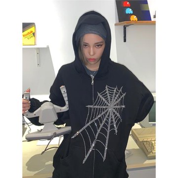美式復古衛衣鑲鉆秋冬蜘蛛網燙鉆拉鏈外套街頭hiphop情侶連帽開衫