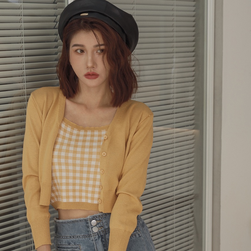 GIRL'S MONDAY 兩件式格紋背心針織短外套 【01330012】